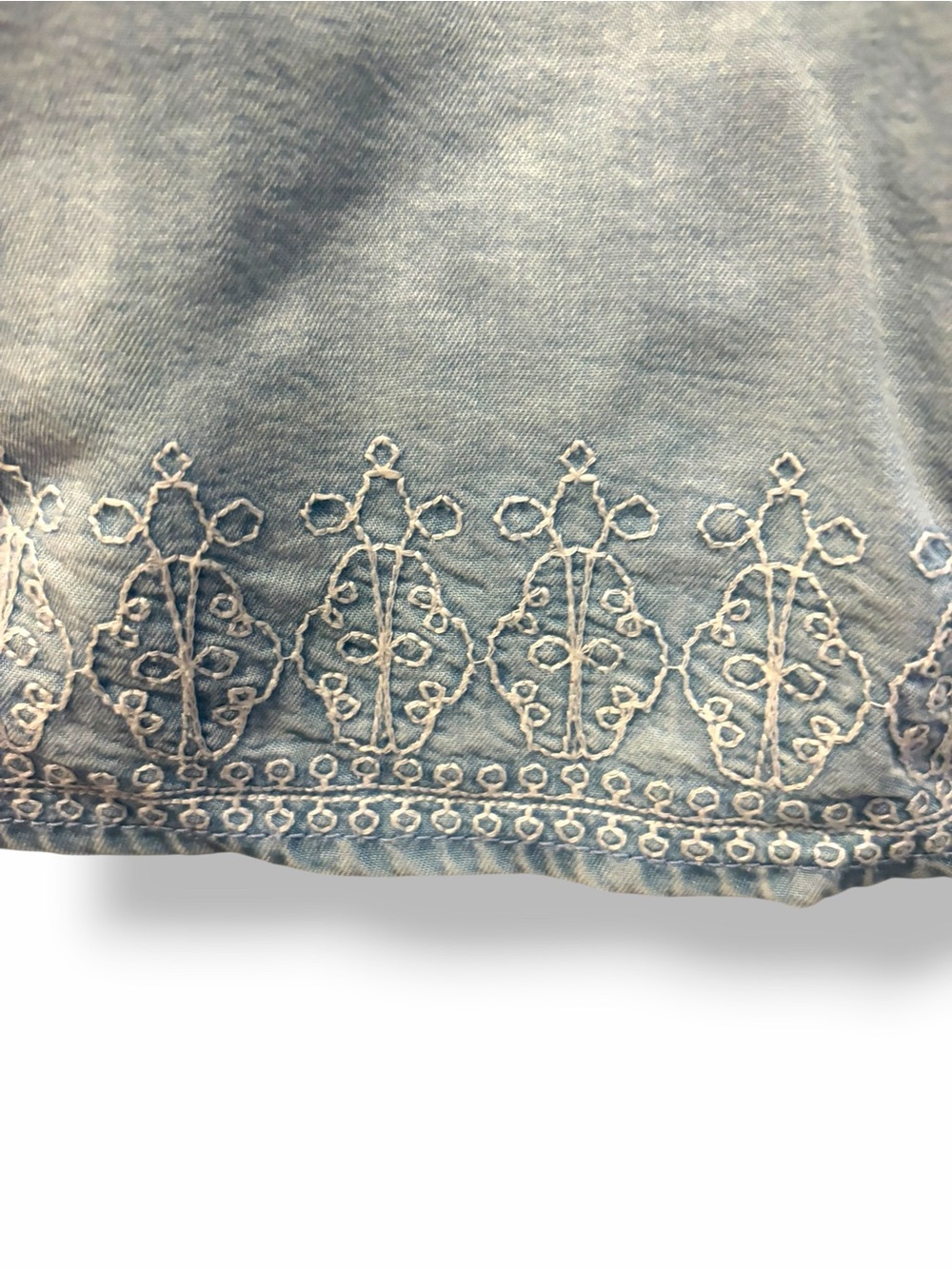 J.Jill Denim Embroidered Tencel Peasant Top Large Petite Tassel Boho Blue - Picture 5 of 14